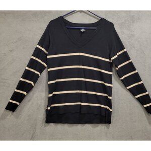 Bobeau‎ Women's V-Neck Lightweight Sweater Black with Brown Stripes Size Small